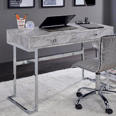 Rectangular Writing Desk With 2 Drawers, White Engineered Stone Top And Chrome