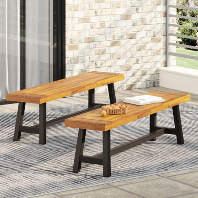 Of 2 Outdoor Benches, Brown Rustic Metal Frame, Modern Industrial With Wood Slat Dining Benches  2 , & Wood, Style, Brownish