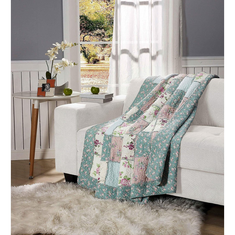 Multicolor Reversible Cotton Patchwork Quilt Set, Throw Quilt, Blue