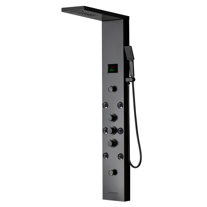 Système de panneau de tour de douche à inverseur 6 voies avec pomme de douche à pluie, baguette de douche et lumière DEL en noir mat