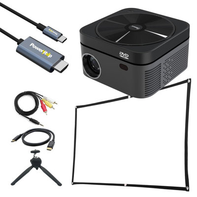 Impecca 120” Home Theater DVD Projector, 110 ANSI Lumens, 720P + USB-C to HDMI & Accessory Kit