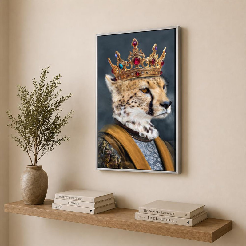 Cheetah King par CAD Designs - Graphisme sur toile, H 36 po x l 24 po, Cadre plat flottant, Argent