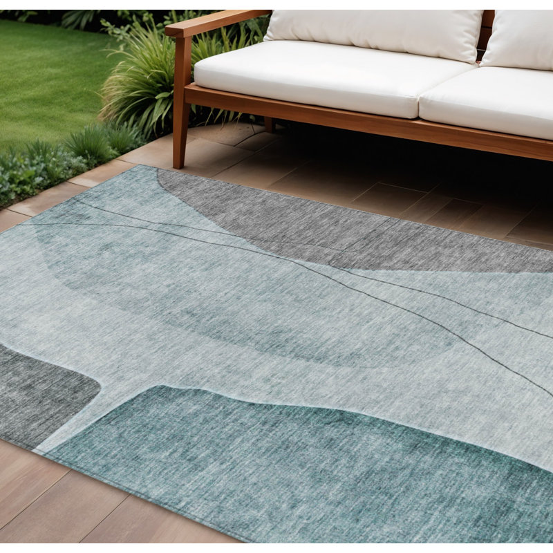 Tapis extérieur lavable abstrait bleu sarcelle 10 pi x 14 pi bleu turquoise et gris