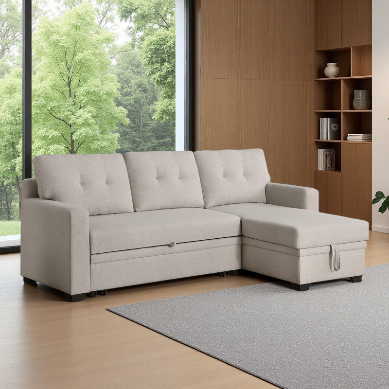Canapé modulaire convertible rembourré avec méridienne coulissante, Lin beige
