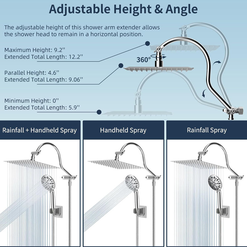All-Metal 10'' High-Pressure Rain/Handheld Shower Combo With Extension Arm