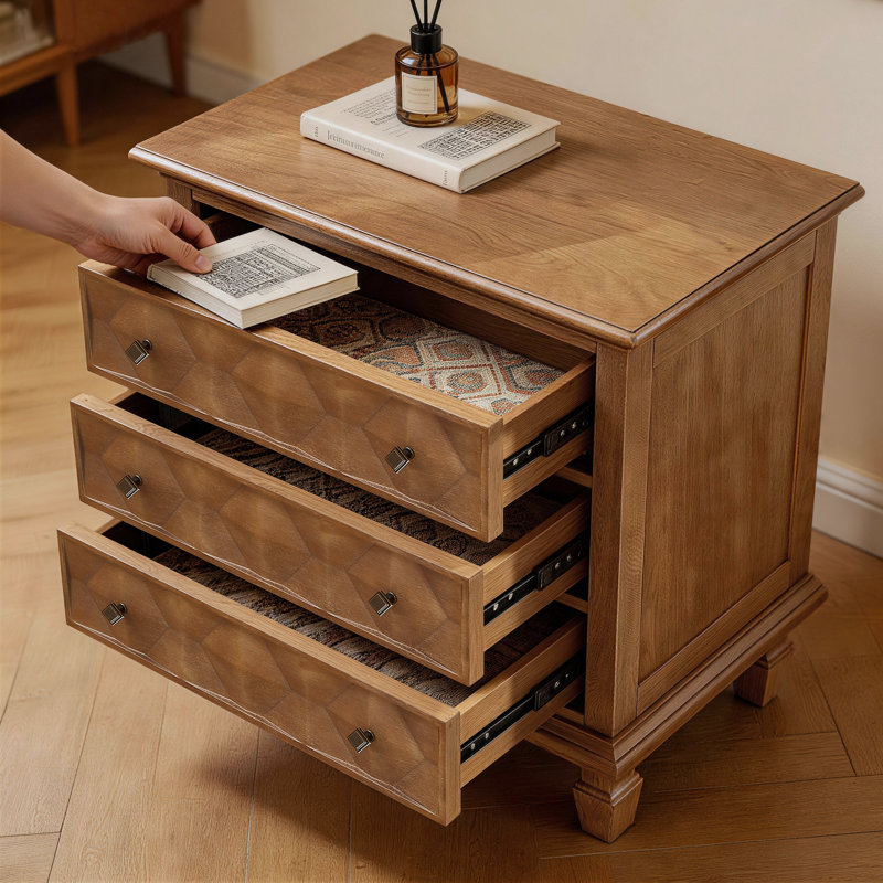 3 Drawer Wood Nightstand with Geometric Drawer Design and Built-In Charging Station, Brown
