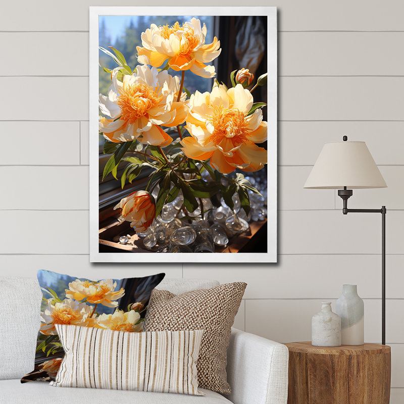 Art floral jaune pivoines jaunes, Cadre photo blanc, H 32 po x l 16 po x P 1 po