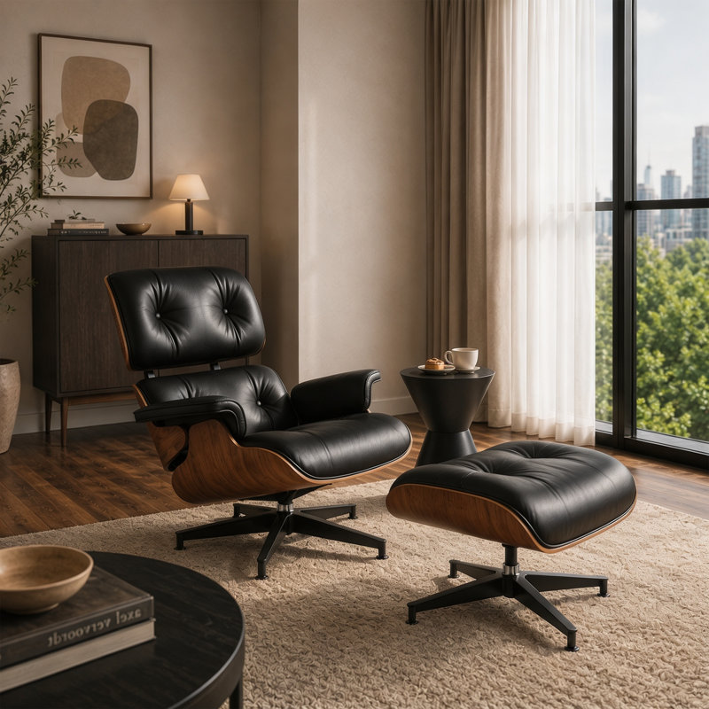 Fauteuil d'appoint rembourré en cuir véritable avec repose-pieds et base en aluminium robuste, Noir-noyer