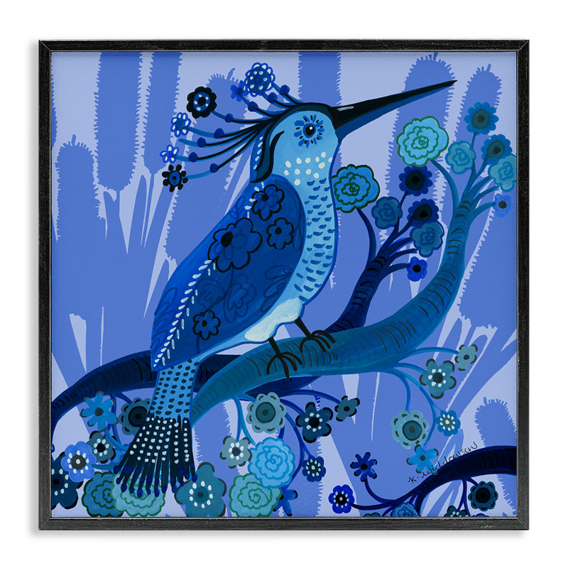 Giclée d'oiseau bleu de style populaire, design par Kay Widdowson, Giclée encadrée noir minuit, H 24 po x l 24 po
