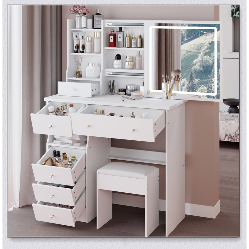 37-Inch Middle Size Vanity Table With Left Drawer, Cushioned Stool, Tri-Color LED Mirror, And High Capacity Storage For Spacious Bedrooms