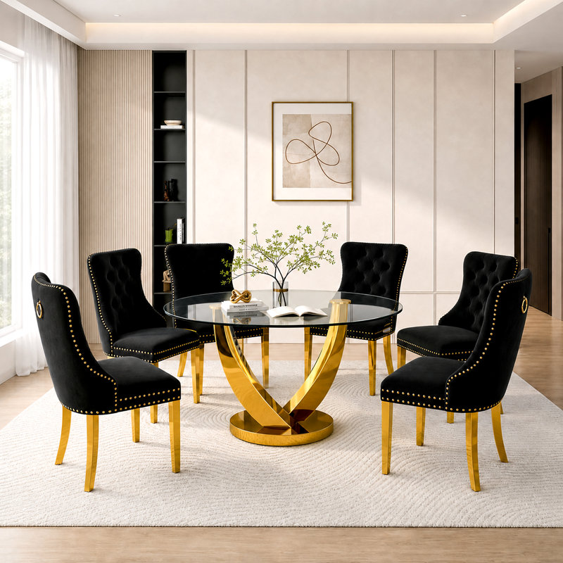 Ensemble de table de salle à manger de 47,2 po pour 6, 7 pièces, ensemble de table de salle à manger 7 pièces, ensemble de table en verre transparent avec 6 chaises rembourrées en velours, pour salle à manger, cuisine, appartement