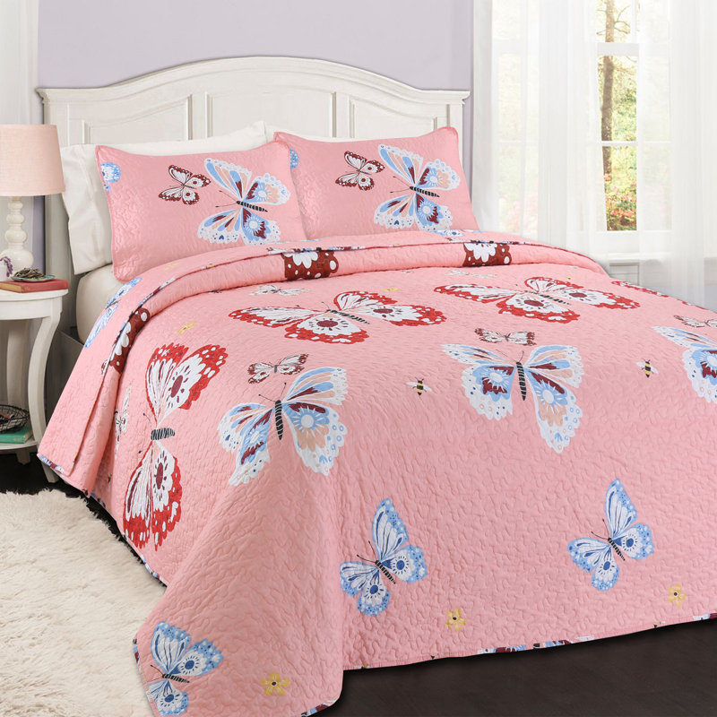 Pink Reversible Microfiber Butterfly Queen Quilt Set