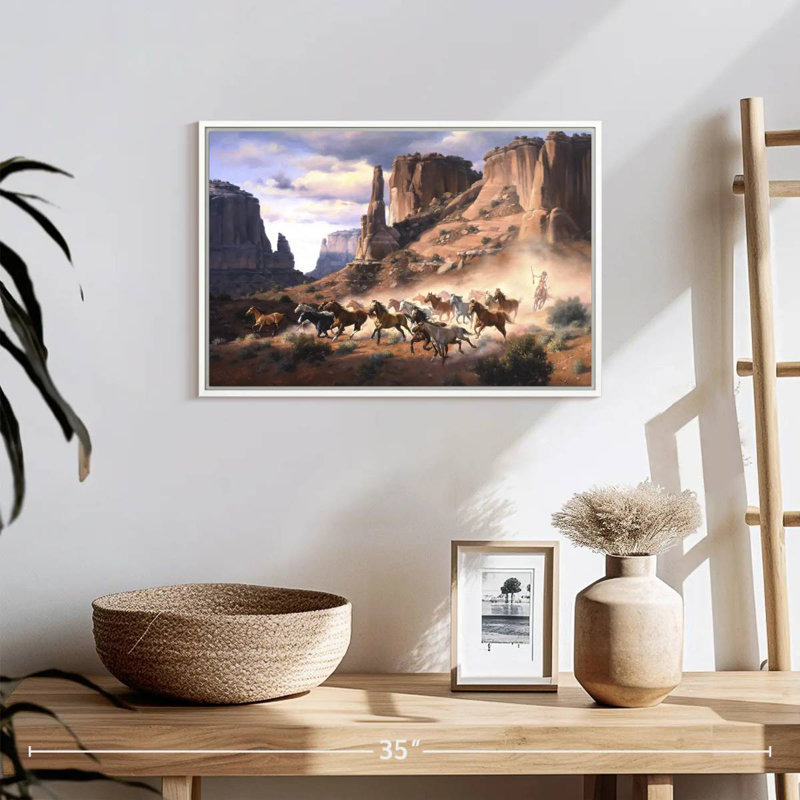 Grès et chevaux volés, 19 po x 13 po, Cadre flottant blanc