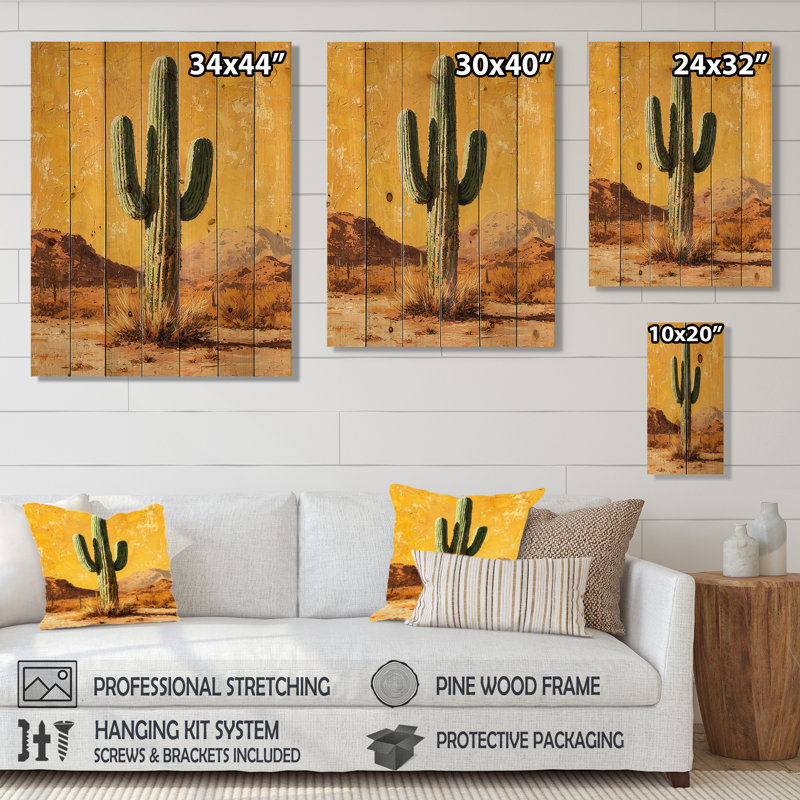 Cactus And The Desert Heat I - Floral Cactus Wood Wall Art - On Natural Pine Wood, 20" H x 10" W x 0.78" D