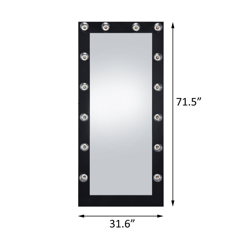 Miroir de sol 32 po x 71 po avec éclairage DEL noir brillant, Noir, noir, noir, noir