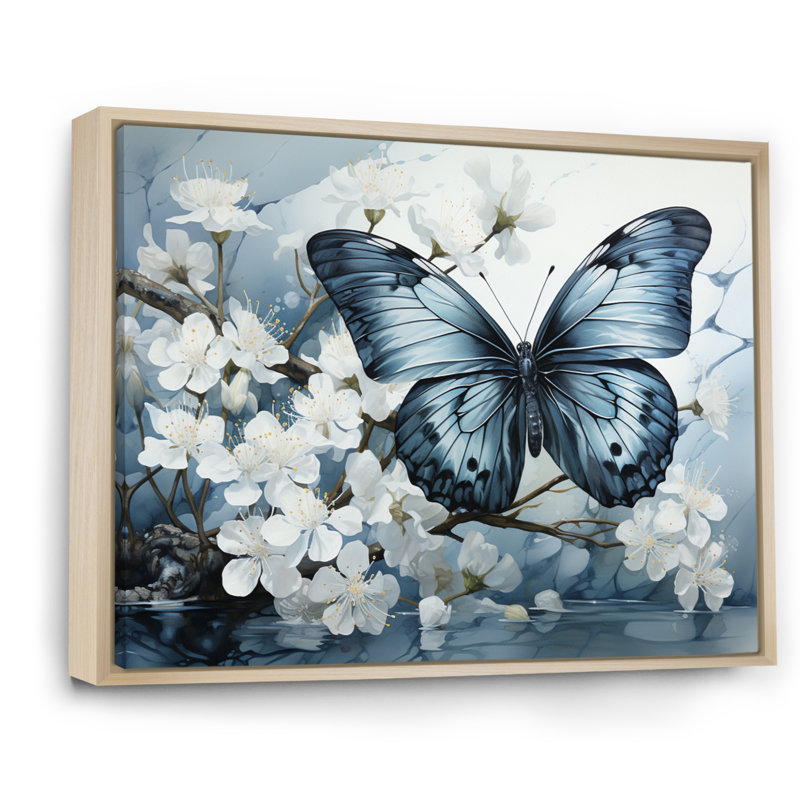 Bertena, bleu, blanc, papillon, reflet - art mural papillon, Reproduction avec cadre flottant, H 34 po x l 44 po, Érable
