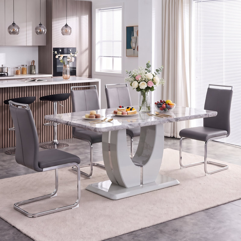 Modern 5-Piece Rectangular Faux Marble Dining Table Set, Gray, Dark Gray