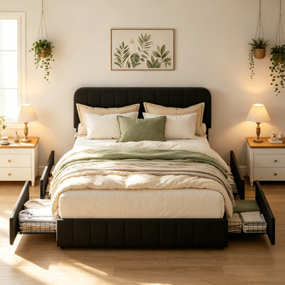 Queen Bed Frame with Storage Drawers - Velvet Upholstered Platform Bed Frame with Adjustable Headboard, Wood Slats Support, No Box Spring Needed, Easy Assembly, Black