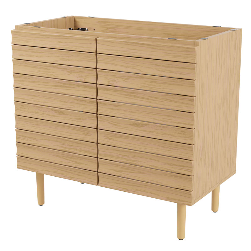 Aubier l 36 po x P 18 po x H 33 po. Meuble-lavabo de salle de bain à lattes linéaires à 2 tablettes d'épaisseur seulement (lavabo non inclus), chêne