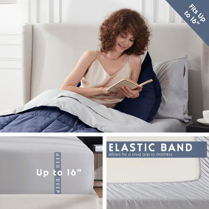 Bed-in-A-Bag Reversible Comforter Set with Bed Sheets & Down Alternative Pillows, Twin Comforter + 6 Additional Pieces, Navy
