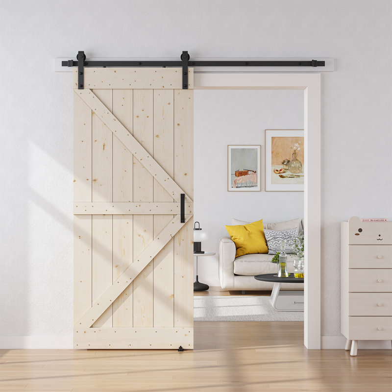 Gray Solid Wood Textured Sliding Barn Door Kit with Metal Hardware