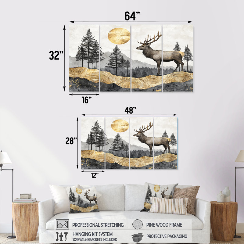 «Golden Deer Landscape Grace In The Wild I», art mural animal, art mural moderne, H 28 po x l 48 po