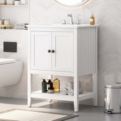 Meuble-lavabo de salle de bain avec lavabo en céramique, armoire à cadre en bois avec tablette de rangement ouverte, armoire d'appoint