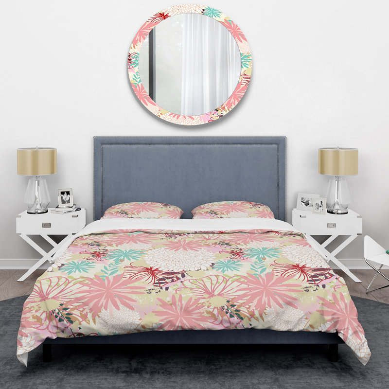 Rayures florales roses - Ensemble de housse de couette floral - Polyester en microfibre