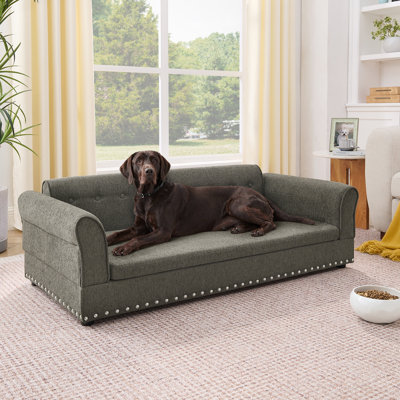 Canapé surdimensionné pour animaux de compagnie, élégant canapé-lit surélevé en tissu de lin moderne, lit pour animaux de compagnie rectangulaire surdimensionné confortable avec dossier et accoudoirs pour grands chiens surdimensionnés - gris foncé