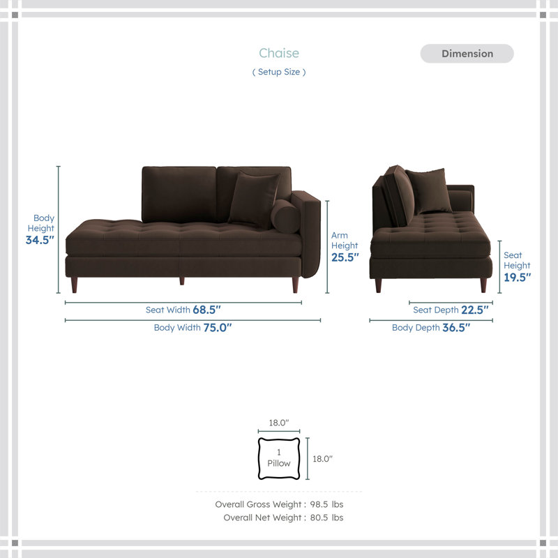 Chaise longue rembourrée Marcellyn, Velours chocolat