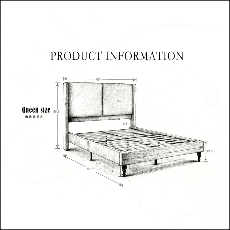 Luxueuse base de lit grand avec tête de lit capitonnée à dossier haut, tissu bouclé et pieds pour un confort et un style ultimes