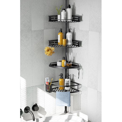 Poteau de tension pour chariot de douche en coin - Organisateur de salle de bain réglable à 4 niveaux avec tablettes antirouille, installation rapide sans perçage, support de shampooing autoportant pour baignoire