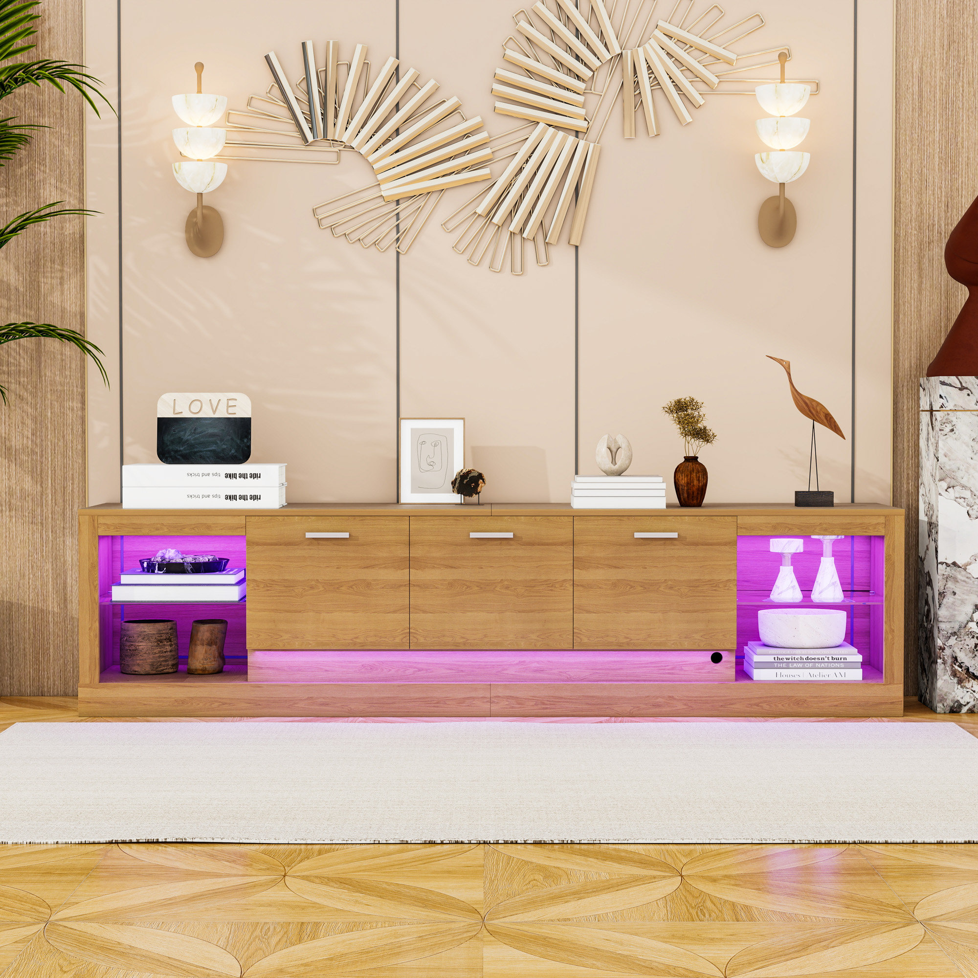 Wrought Studio™ TV Stand with LED Lights, 6 Cabinets and 2 Open Shelves ...