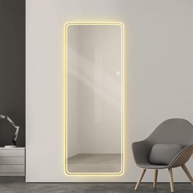 64 po x 21 po pleine longueur miroir de plancher à DEL corps entier, miroir mural avec lumières, miroir de corps pleine grandeur de chambre à coucher avec gradation et 3 modes de couleur