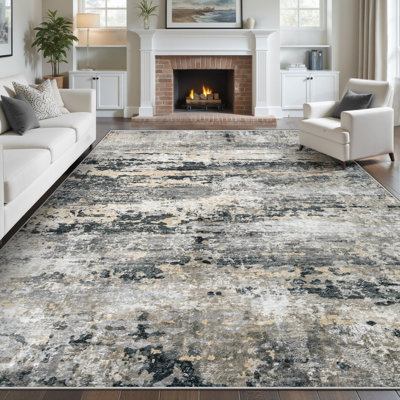 Modern Abstract Neutral Washable Non-Slip Low-Pile Area Rug in Black Grey Brown, 9' x 12'