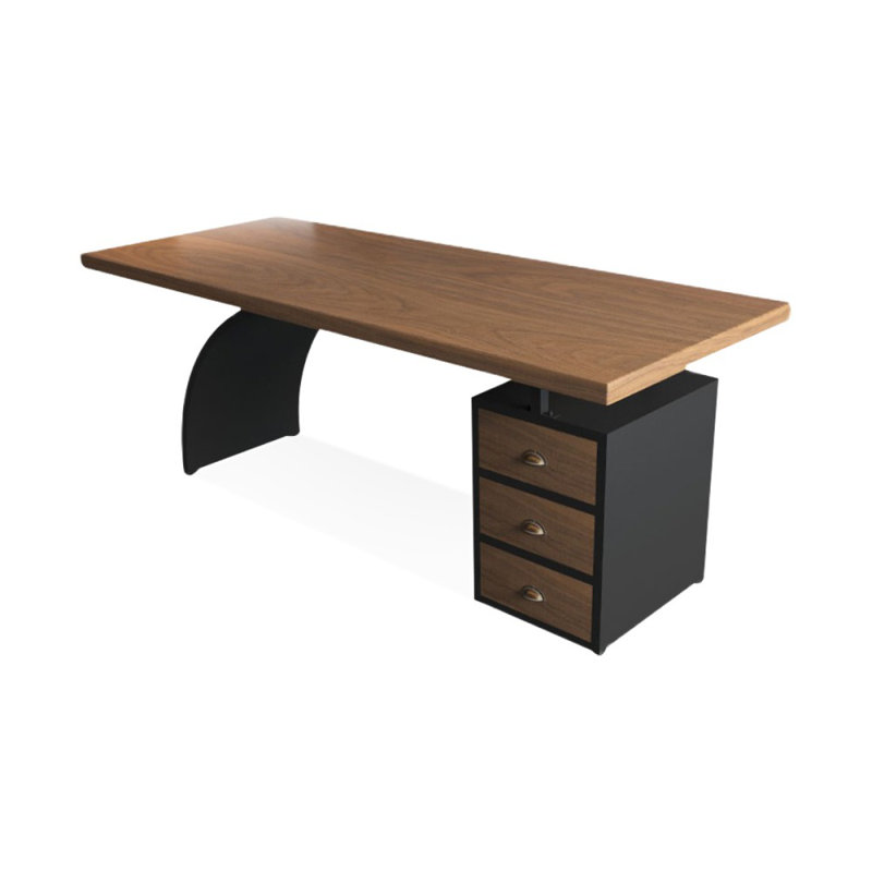 Brown+Black Rectangular Solid Wood+Iron desks, 29.53" H x 86.61" W x 35.43" D