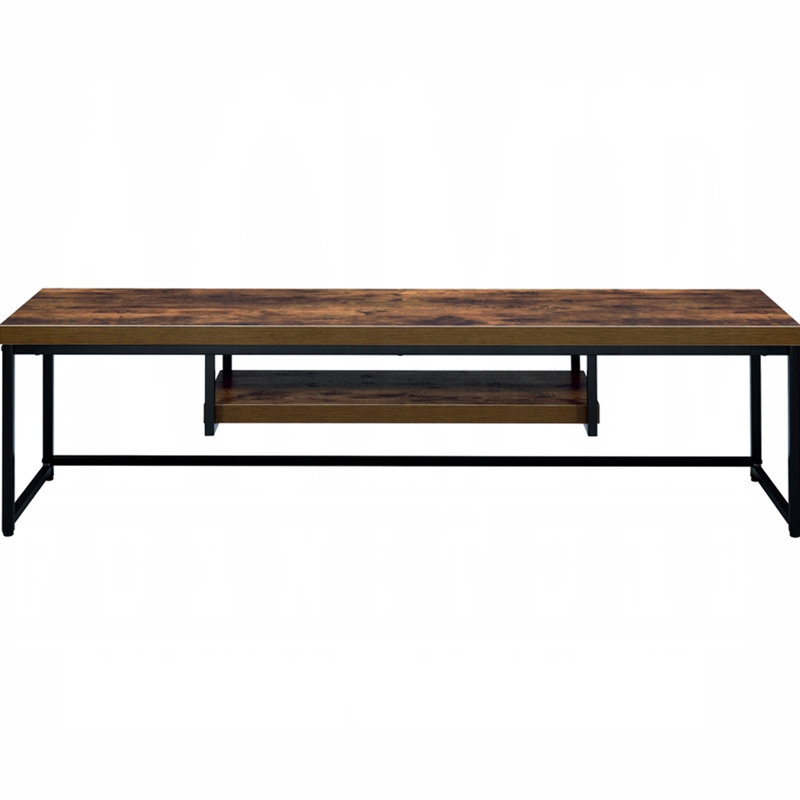 Meuble télé de style industriel, piètement en métal noir et dessus en chêne vieilli, 1 tablette pour écran plat de 60 pouces, profondeur 40 cm - Structure finie et haute
