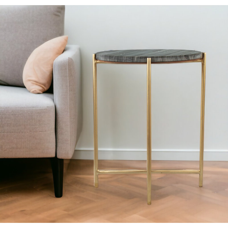 22" Grey And Gold Marble And Iron Round End Table