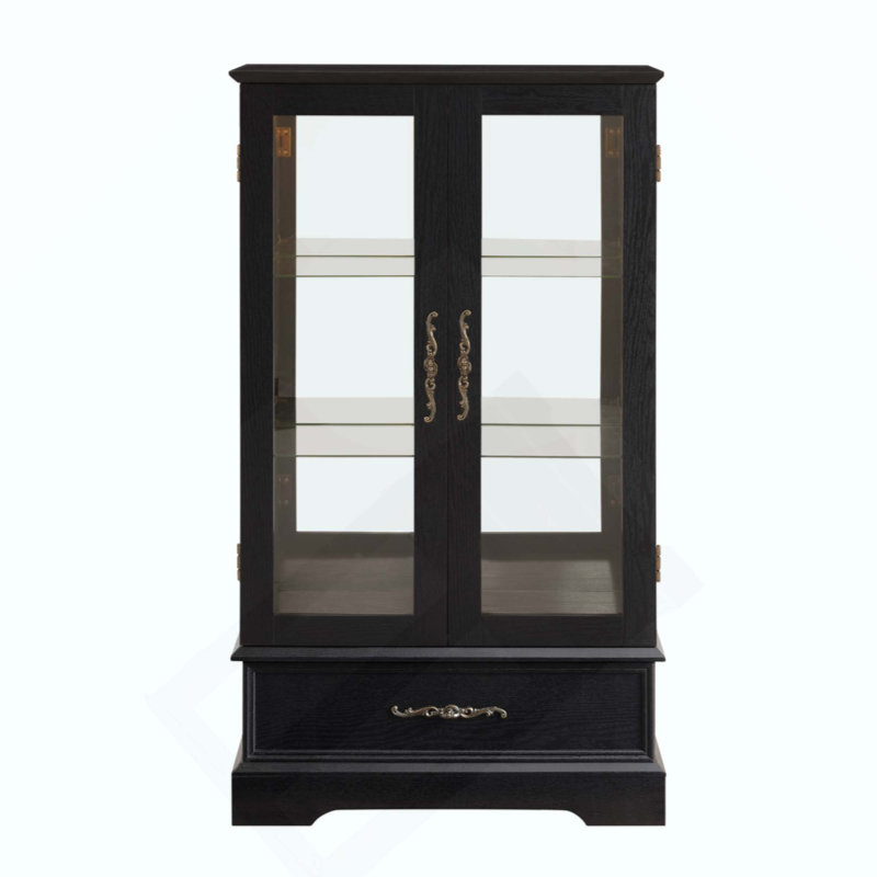 Vitrine lumineuse en verre avec tablettes réglables - Vitrine élégante à 2 portes et tiroir intégré, ampoule incluse, Noir