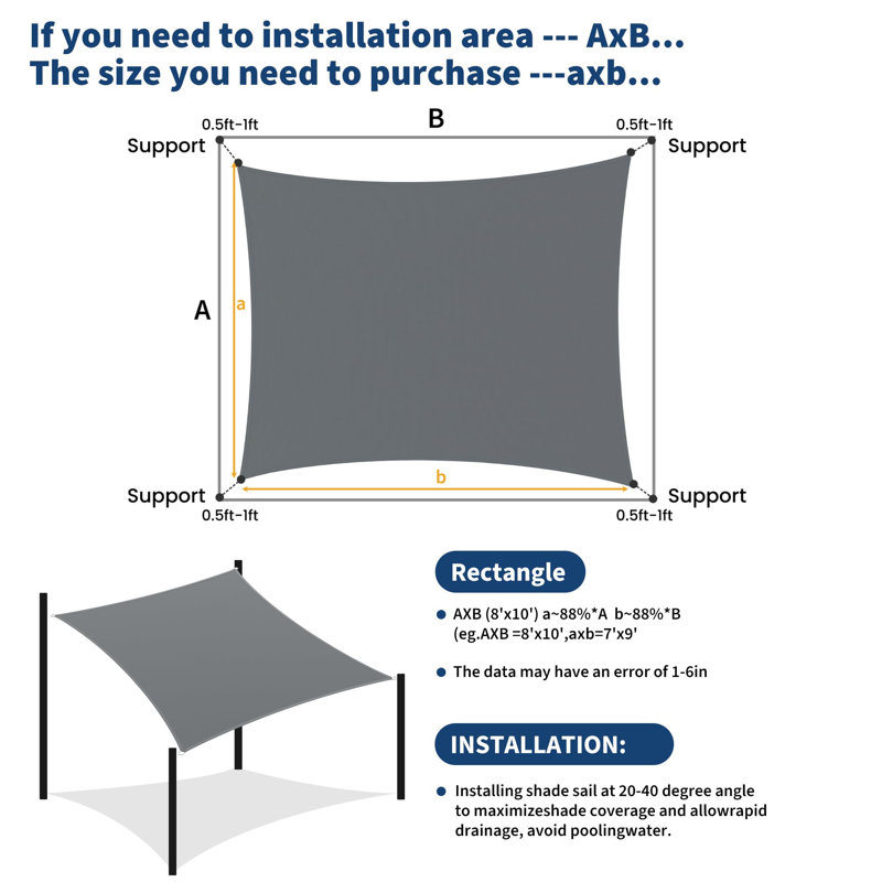 8' x 10' Rectangle Sun Shade Sail – UV-Blocking Breathable Shade Cloth Canopy for Patio, Backyard, Deck, Garden – Modern Blue Outdoor Awning for Pool, Yard & Play Areas – Easy to Install