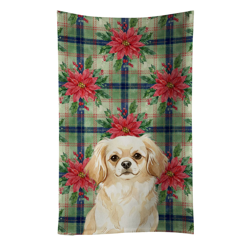 Cream Tibetan Spaniel Christmas PoinsettIas Kitchen Towel, Cream Tibetan Spaniel