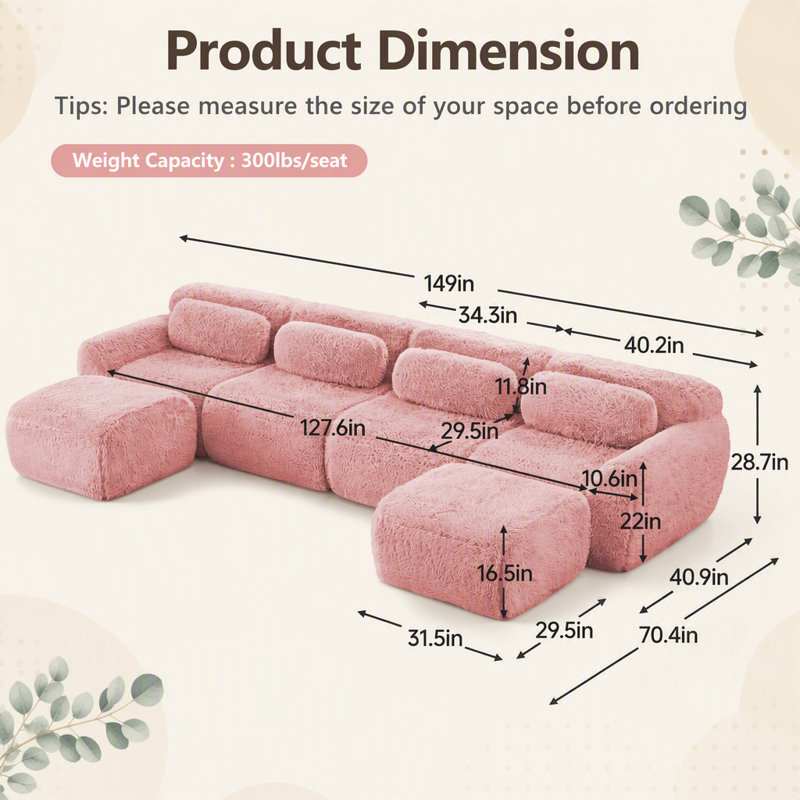 Canapé désossé en forme de U, fond en éponge haute densité, conception antidérapante, conception ergonomique sans assemblage, emballage sous vide à compression complète et combinaison gratuite, pour les salons, chocolat, rose