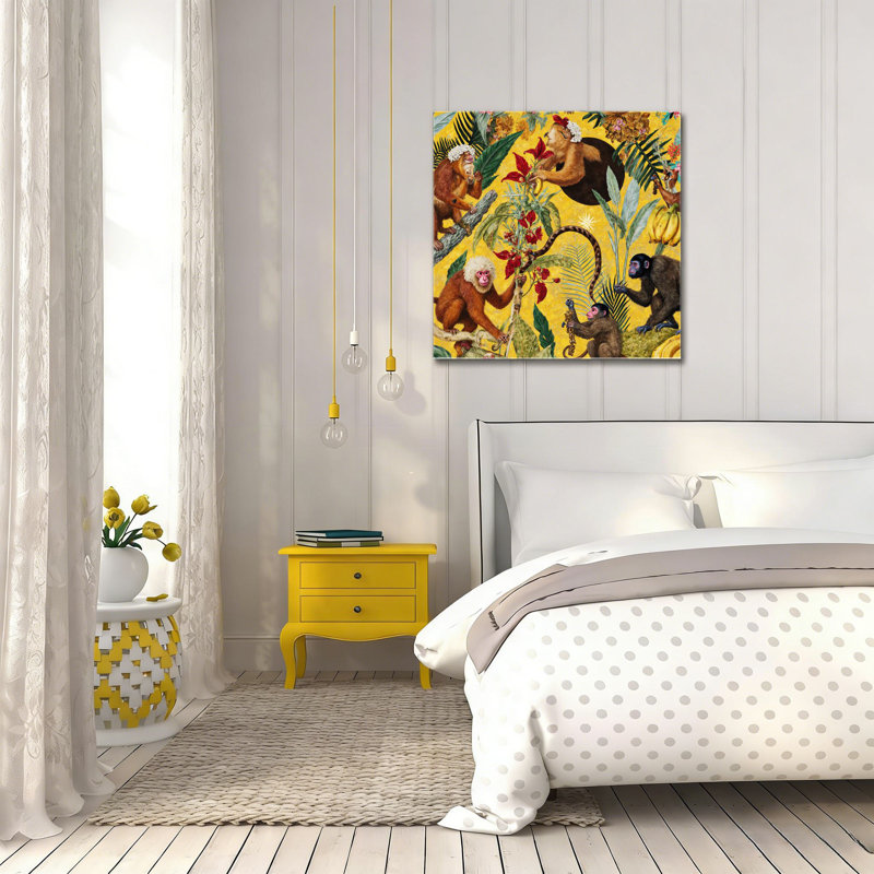 «Tropical Monkey Jungle», art mural encastré en bois 16 x 16 po