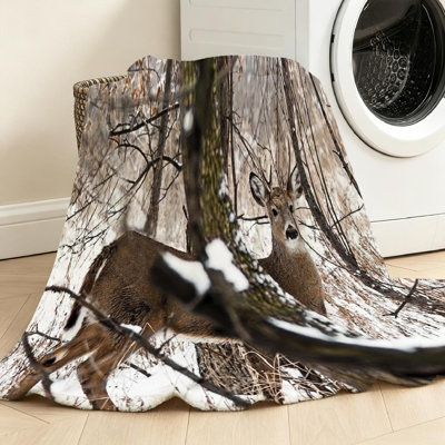 Brown Ultra Soft Flannel Fleece Throw Blanket,Young Deer in Winter Single-Sided Print