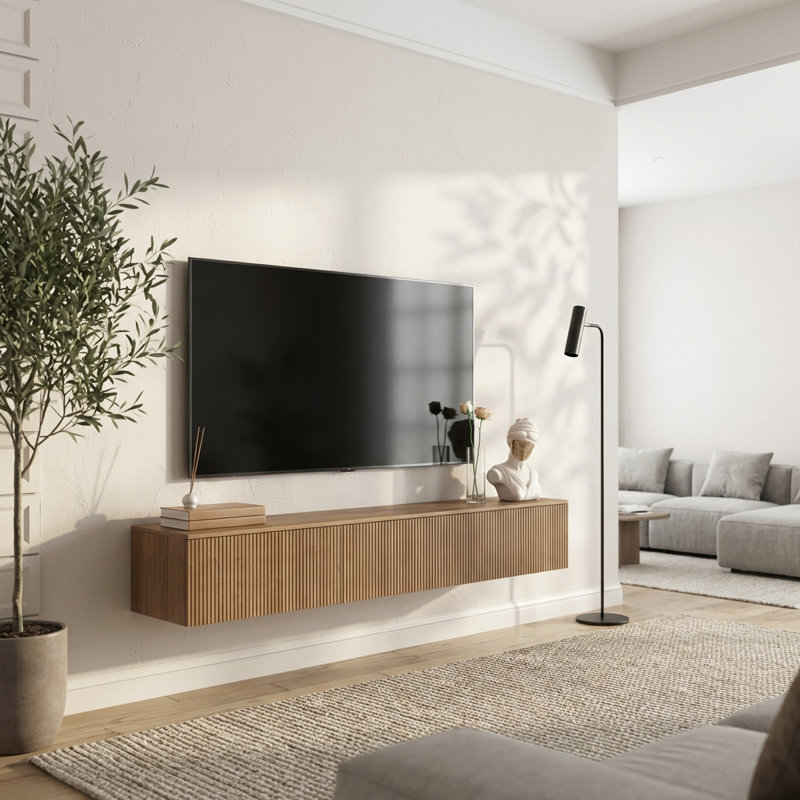 Meuble télé moderne flottant avec éclairage DEL et grand rangement, centre de divertissement mural pour téléviseurs de 55 à 65 pouces