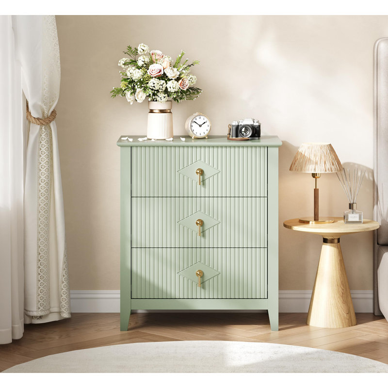 27.5" Wide Fluted 3 Drawer Dresser Nightstand for Bedroom, Modern Wood Chest of Drawers Storage Cabinet, Green