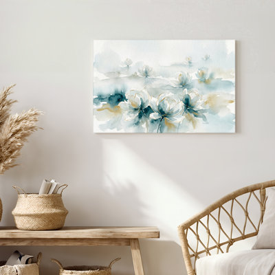 «Blue and White Watercolor Flowers with Gold Outline», art mural sur toile