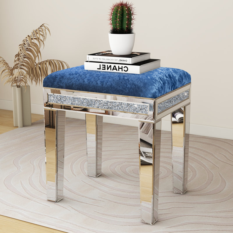 Mikayil Glass Mirrored Accent Stool Diamonds Vanity Stool, Blue
