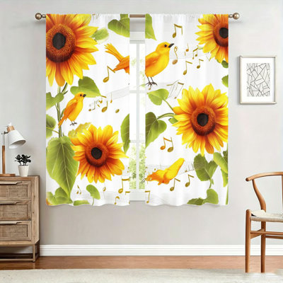 2Pcs Sunflower Bird Music Notes Print Light Filtering Curtains, Artistic and Cheerful Pattern, Sunshade Privacy Protection, Rod Pocket Design for Living Room, Bedroom, Balcony, Kitchen Home Decor