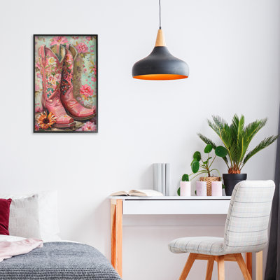 Rose Boots Pink Cowgirl Framed Giclee, design by LSR Design Studio